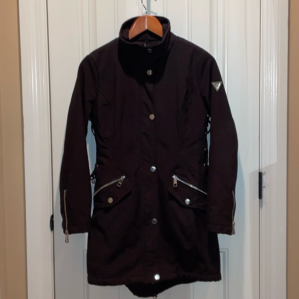 •S• GUESS Car Coat/Jacket Black Zip/Snap Front wCorset faux Leather laced sides